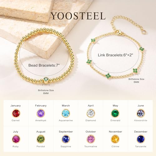 Yoosteel Dainty May Emerald Birthstone Bracelet for Women, 14K-Gold-Plated Stretch Beaded Clover Round Green CZ Link Bracelet Stack Trendy Jewelry Birthday Gifts
