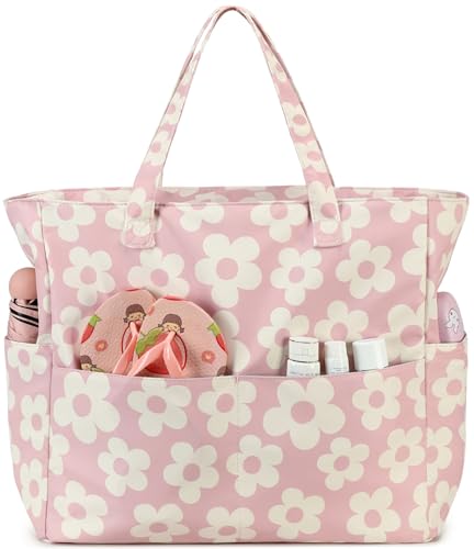 Bluboon Waterproof Beach Tote Pool Bags for Women Ladies Extra Large Carry On Bag With Wet Compartment for Weekender Travel - color: Beige Flowers