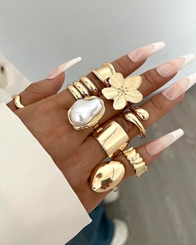 YEEZII 20 Pcs Gold Ring Set for Women, Chunky Statement Flower Finger Midi Rings, Big Boho Stacking Rings Pack Trendy Stuff Jewelry Gift - color: Gold-A-20Pcs