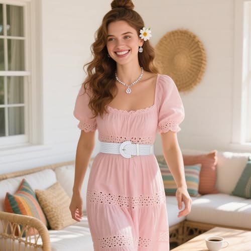 SANSTHS Women Wide Woven Belt for Dresses Fashion Rattan Braided Waist Belt Straw Raffia Boho Belt for Jeans - color: C-white, size: Fits waist size 45‘’-49"