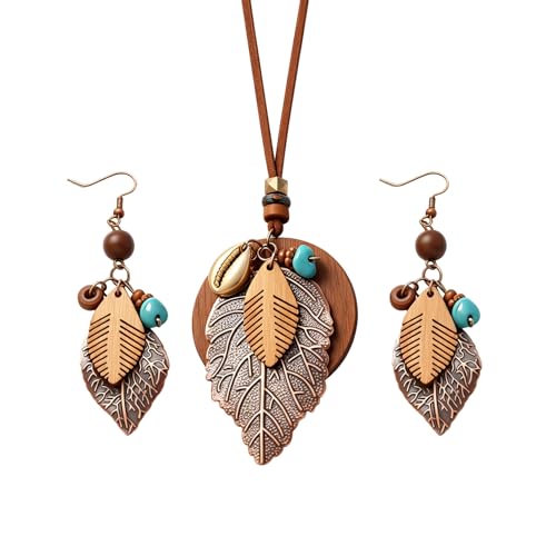 Wooden Leather Necklaces Set Bohemian Wood Stack Discs Long Chain Hemp Rope Bronze Plated Pendant Ethnic Tribal Fall Leaf Earrings Jewelry Statement Necklace - color: R-028