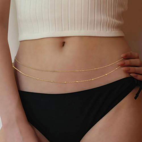 14K Gold Plated Waist Chain for Women, 2Pcs Adjustable Pearl Beads Body Chain, Sexy Layered Summer Beach Bikini Belly Jewelry Accessories - style: Chain&Bead