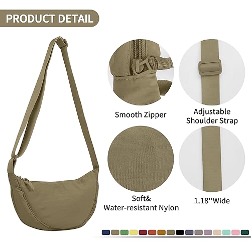 Nylon Crescent Crossbody Bag for Women Purses Trendy Men,Small Travel Sling Bag Hobo - color: Khaki, size: Small