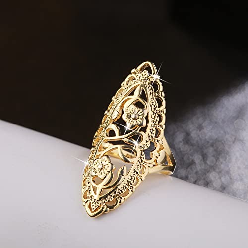 Rings for Women Summer Boho Rings Filigree Flower Ring Chunky Gold Ring Full Finger Rings Wide Band Womens Rings for Cocktail Party Birthday Gifts Statement Rings for Women - color: Gold