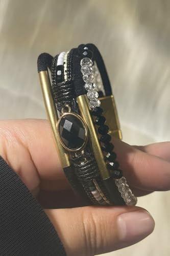 Boho Layered Bracelet for Women – Green Crystal Beaded Wrap Bracelet with Gold Clasp, Multi-Strand Hypoallergenic Statement Jewelry - color: Black Crystal