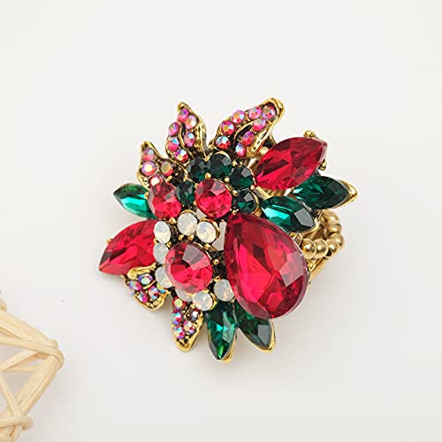 CSY Luxury Women's Austrian Crystal Leaves Flower Big Cocktail Statement Rings Stretch Adjustable Ring Jewelry Accessories - color: Red