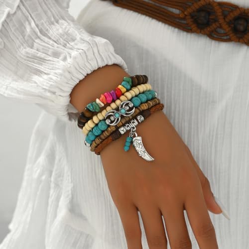 Western Turquoise Beaded Bracelet Stack - Vintage Cowgirl Stretch Set with Bull Skull, Feather & Boot Charms, Handmade Boho Jewelry for Rodeo, Country Concerts & Casual Western Outfits - style: 5