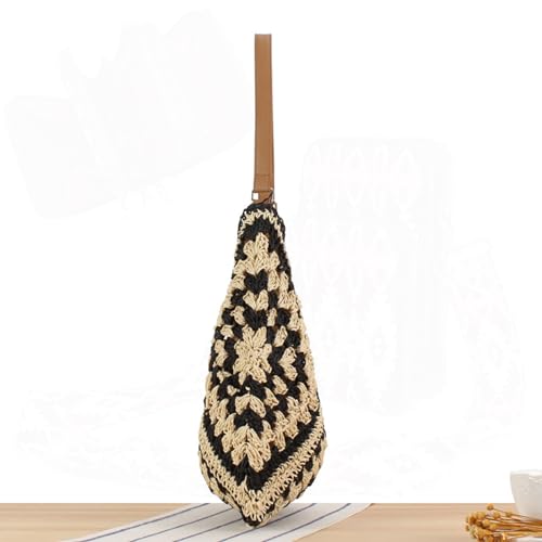 Straw Hobo Bag for Women 2026 Boho Woven Beach Purse Large Summer Straw Tote with Lining Black Raffia Shoulder Bag | straw material - color: Black1 With Khaki Strap