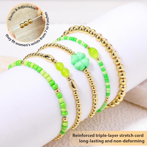 Gold Beaded Bracelets for Women: 14K Gold Bracelets for Women Trendy Dainty Gold Ball Bracelet Stack for Womens - Boho Stretch Bracelets Jewelry Sets with Cross Fashion Accessories Gifts for Women - style: clover