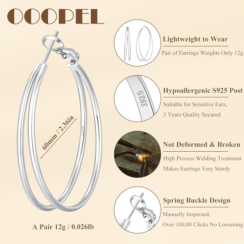OOOPEL Large Thin Double Hoop Earrings for Women Lightweight Hypoallergenic 925 Sterling Silver Post 14K Gold Hoops Non Tarnish Sturdy Big Thin Double Layered Hoop Earrings 30/40/50/60mm - color: Silver, size: 60mm