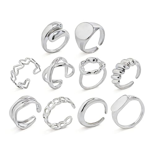 Chunky Rings for Women Adjustable Thick Rings Set Trendy Statement Stackable Ring for Women Chunky Jewlery Irregular Dome Flower Finger Knkuckle Thumb Ring - style: Style 5 - 10pcs s