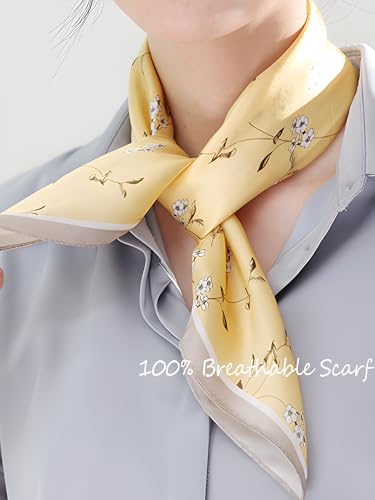 100% Mulberry Silk Scarf for Women Hair Lightweight Square Neckerchief Wrap For Head Scarves 21" - color: 15-bright Yellow Branches /21"*21"