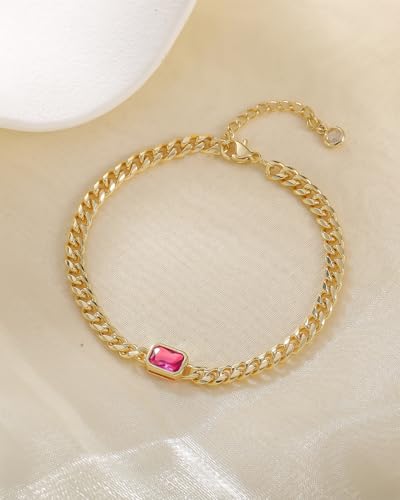 Birthstone Gold Bracelets for Women Non Tarnish Trendy 14k Gold Plated Bracelet Dainty Charm Emerald Bracelets Stack Cuban Link Friendship Bracelets Jewelry Gifts for Birthday/Valentine's Day - color: 07. July(Ruby)