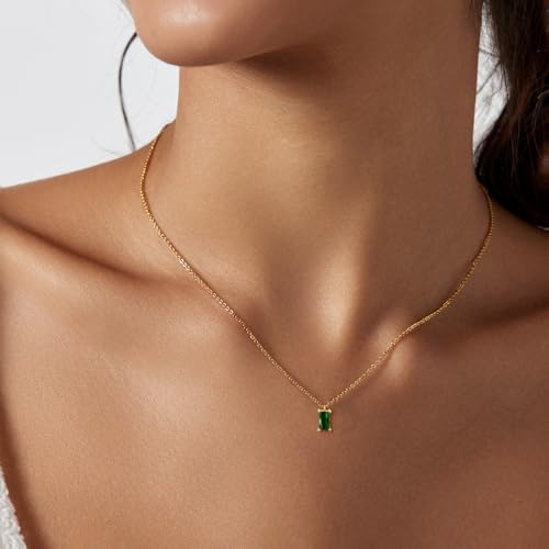 Luxval Diamond Pendant Gold Necklace for Women，Dainty 18k Gold Plated Choker Necklaces Simple Gold Jewelry Gifts for Women Girls - color: Green-Birthstone