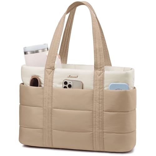 LOVEVOOK Tote Bag for Women, Large Puffer Work Tote Laptop Bag, Lightweight Travel Tote Bag with Zipper Gifts for Women - color: Khaki-beige-a, size: 15.6 Inch