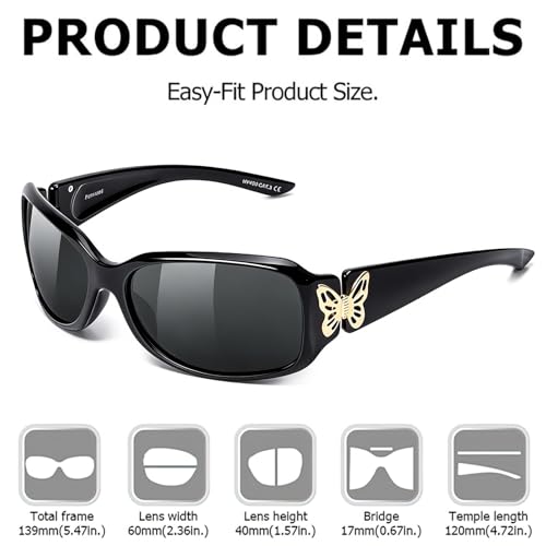 TJUTR Polarized Sunglasses for Women with Wrap Around Butterfly Design, Trendy Jackie-O Style for UV400 Protection - color: A1 Black Frame Grey Lenses