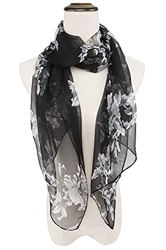 YOUR SMILE Ladies/Women's Lightweight Floral Print/Solid Color mixture Shawl Scarf For Spring Summer season - color: Black White Flower