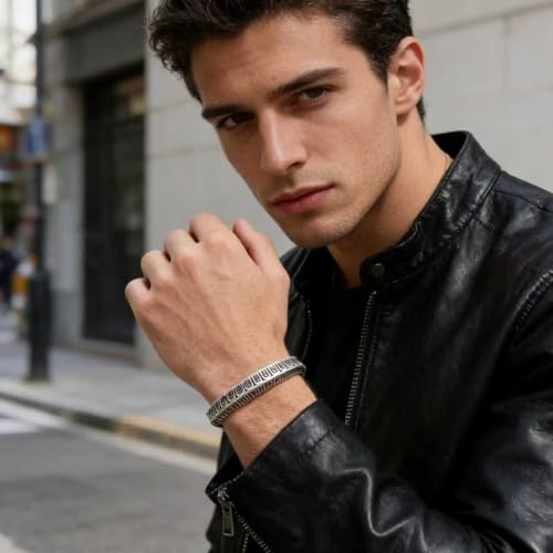 Kim Carrey S925 Sterling Silver Bracelet, Stacked Bracelets Open Bangle Cuff Design, Men's Gift Jewelry for My Man - style: Vintage