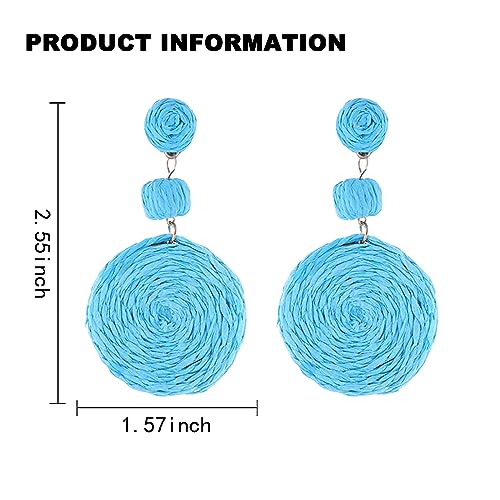 Boho Raffia Ball Earrings for Women, Handmade Statement Drop Earrings Straw Dangle Earrings Beach Vacation Jewelry - color: Sky blue