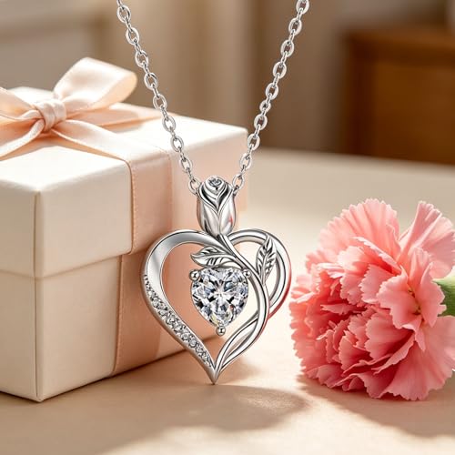 1.2CT Rose Heart Necklace Option of Moissanite or Lab-Grown Sapphire Ruby Emerald&More Necklace for Women Birthstone Girlfriend Necklace S925 Sterling Silver 18K White/Rose Gold Plated D Color VVS1 Gift for Wife Mother Daughter for Birthday Anniversary Mo