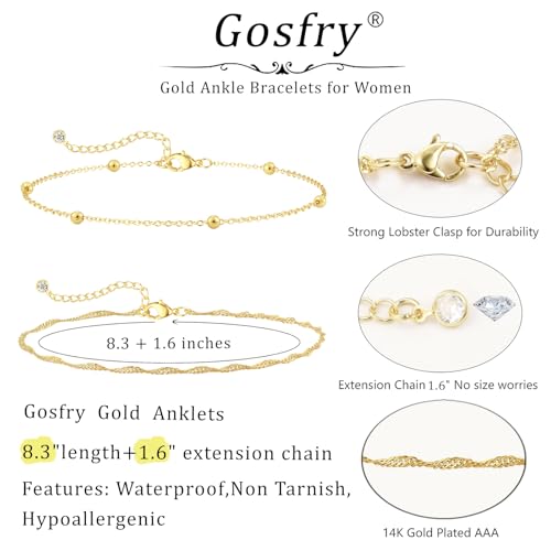 2/3 PCS Gold Anklets for Women Waterproof Cuban Link Anklet Beaded Bracelets Stackable Bracelets 14K Gold Plated Custom Jewelry Gifts Non Tarnish Lightweight - style: Gold Anklet 03