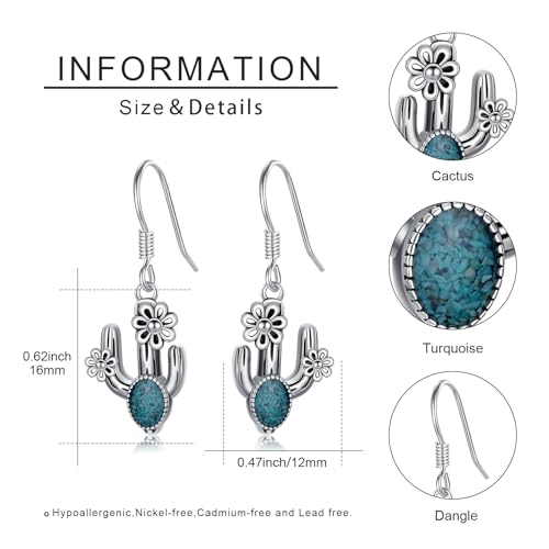 Western Earrings for Women 925 Sterling Silver Turquoise Western Country Dangle Drop Earrings Country Jewelry Gifts for Cowgirl Cowboy - style: Cactus-A