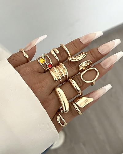 YEEZII 20 Pcs Gold Ring Set for Women, Chunky Statement Flower Finger Midi Rings, Big Boho Stacking Rings Pack Trendy Stuff Jewelry Gift - color: Gold-A-20Pcs
