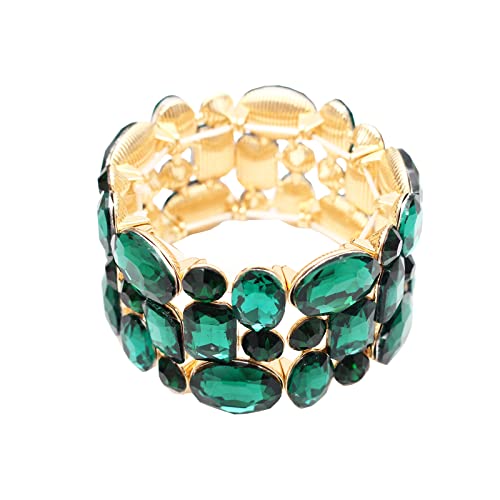 Women’s Wedding Bridal Crystal Leaf Flower Stretch Bangle Elastic Wide Bracelet Jewelry for Brides Bridesmaid - color: Emerald-Gold Plated