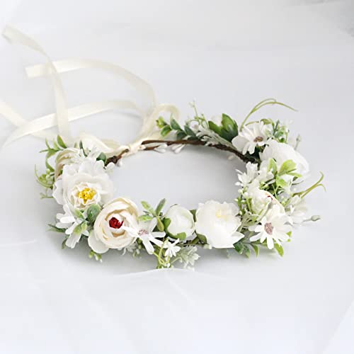 Vivivalue Women Flower Crown Flower Garland Headband Hair Wreath Floral Headpiece Halo Boho with Ribbon Wedding Party White - color: 69