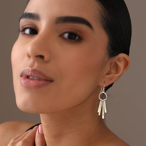 LeCalla 925 Sterling Silver Drop & Dangle Earrings for Women | Handmade Hammered Textured Drop Dangle Earring Jewelry | Women's Hammered Earrings Jewelry for Gift Mom Wife - color: Two-Tone Layered Bar
