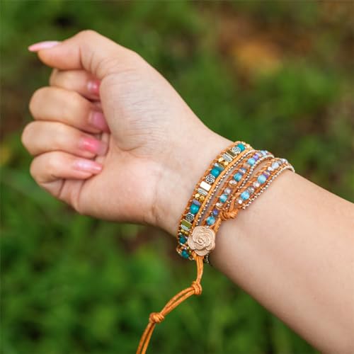 YGLINE Natural Stone Beaded Healing Wax String 5 Wraps Bracelets - color: blue agate