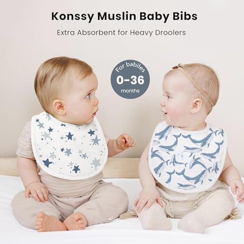 Konssy Muslin Baby Bibs 8 Pack Baby Bandana Drool Bibs Cotton for Unisex Boys and Girls, Soft Absorbent Set for Teething and Drooling - color: Ocean