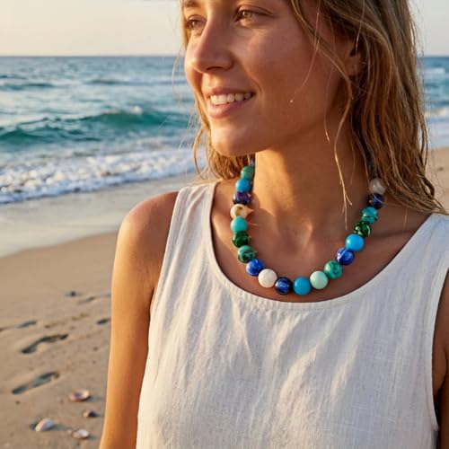 Dopamine Colorful Beaded Chunky Necklace for Women, Gold Large Round Resin Bold Beads Summer Boho Beach Vacation Jewelry - color: Colorful