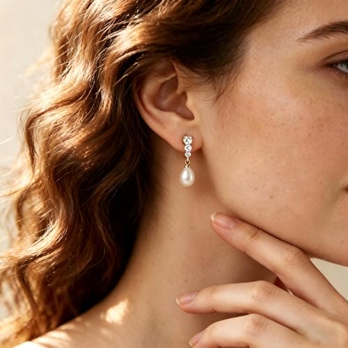 Pearl Earrings for Women, 14k Gold Plated Trendy Diamond Pearl Drop Earrings Hypoallergenic Dainty Bridal Gifts Wedding jewelry for Women - color: A - Gold