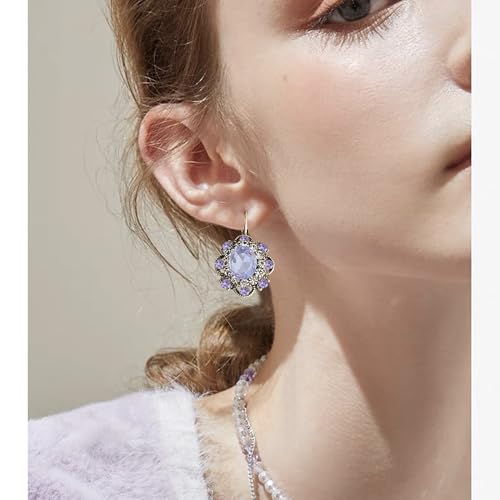 Handmade Bohemian Vintage Gold Sparkly Crystal Round Flower Leverback Earrings Cute Rhinestone Geometry Dangle Drop Earring for Women - color: Light Purple