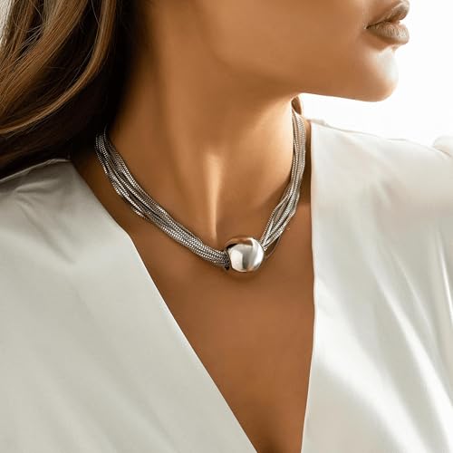 Chunky Chain Necklaces Women Statement Collar Necklace Gold Flat Snake Chain Choker Ribbed Design for Party, Dress Jewelry Gifts - color: B2:Silver Necklace