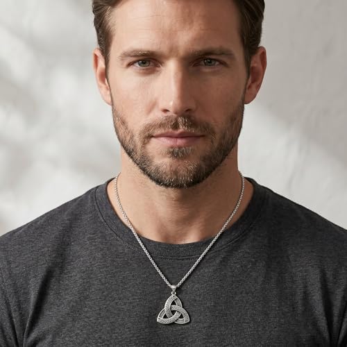 Celtic Necklace for men Sterling Silver Celtic Knot Triquetra Triangle Trinity Necklace Gift for Men - color: F-Silver