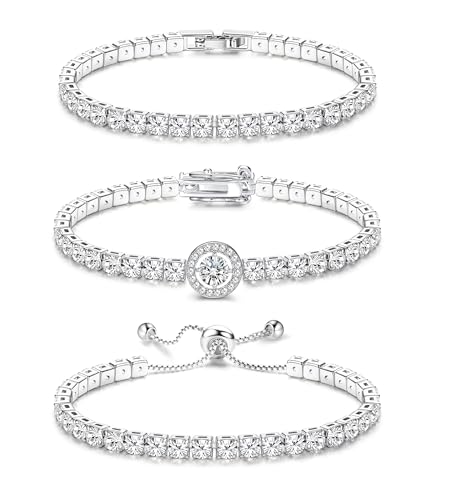 YADOCA Tennis Bracelets For Women - Silver Plated Bracelet Stack Cubic Zirconia CZ Diamond Adjustable Stackable Bracelets Set For Prom Wedding Jewelry Gift 3Pcs - style: D:Round CZ-2
