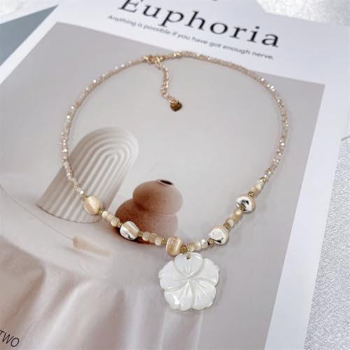 NewZenro Boho Shell Flower Beaded Pendant Necklace for Women Dainty Floral Natural Stone Choker Necklaces Adjustable Chain Fashion Summer Holiday Patry Jewelry for Her