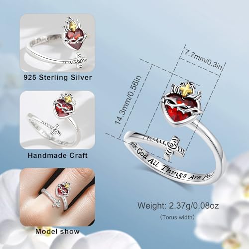 Vito 925 Sterling Silver Adjustable Open Spoon Ring for Women Men, Lotus Sunflower Snake Spoon Band Rings Feather Hug Witches Knot Inspirational Jewelry Gift for Wife - style: jesus fish-silver