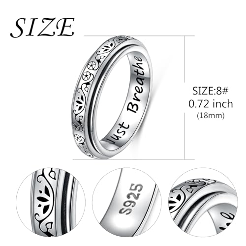 Ladytree Spinner Fidget Ring Sterling Silver Thumb Band for Women Anxiety Ring Platinum Plated Worry Stress Relief Just Breathe Boredom ADHD Autism Rings Boho Jewelry Gift - color: P-lotus just breathe