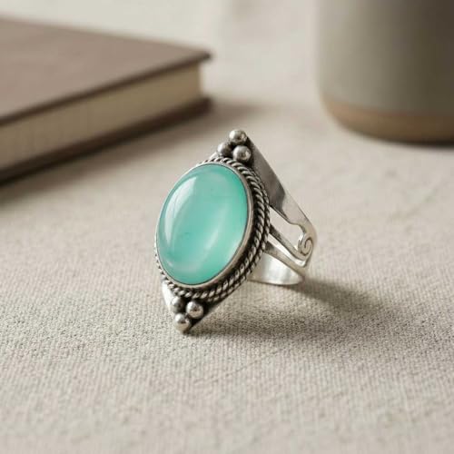 Handmade 925 Sterling Silver Plated Ring Natural Gemstone Carnelian, Rose Quartz, Tiger Eye, Crystal Oval Boho Jewelry For Women - color: Aqua Chalcedony