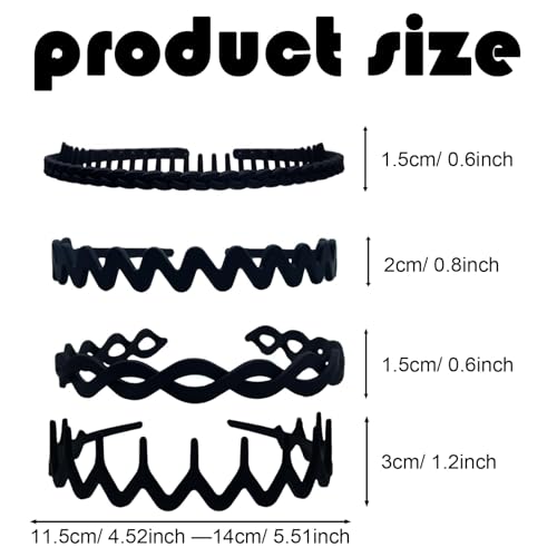 Set of 8 Non Slip Plastic Headbands for Women Men Teen and Girls, Black Matte Material Hair Bands, Wide and Skinny Head Bands with Teeth Comb (4 Styles Set 2) - size: 1 Count (Set of 8 headbands, 4 styles Set 2)