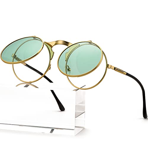 AIEYEZO Round Flip Up Sunglasses for Men and Women Rave Flip Glasses 90's Retro Steampunk Style - color: Gold/Clear Green