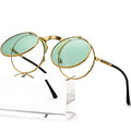 AIEYEZO Round Flip Up Sunglasses for Men and Women Rave Flip Glasses 90's Retro Steampunk Style - color: Gold/Clear Green