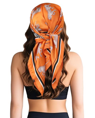 Sumolux Head Hair Scarf for Women Like Satin Silk Scarf Bandana Hair Wrapping Night Large Square Scarves 27.5" - color: Orange Horse