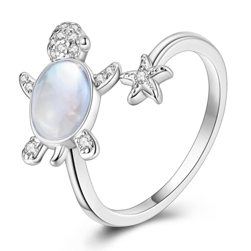 PARCOM Adjustable Women Stackable Ring, 925 Sterling Silver Open Rings - Trendy Eternity Cubic Zirconia Stackable Band Engagement Promise Ring for Her, Hypoallergenic Non Tarnish Nature Bird Floral Thumb Rings - color: Ocean Guardian Turtle