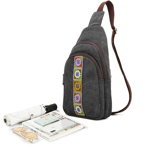 SILKAREA Canvas Sling Bag for Wome Crossbody Purse Small Sling Backpack Purse Travel Hiking Chest Bag Daypack - color: Black