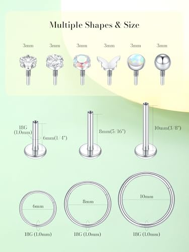 Oveta 16G 18G Flat Back Studs Earrings for Tragus Cartilage Piercing Jewelry, Surgical Steel Nose Rings Hoops 6/8/10mm, Silver/Gold - color: Silver, size: 18g*6/8/10mm bar