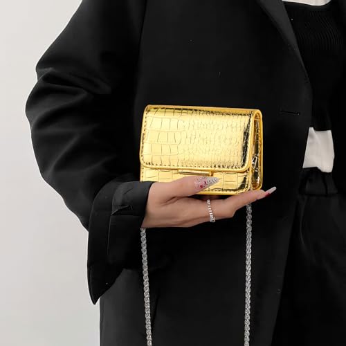 Sightor Silver Mini Crossbody Bag for Women, PU Leather Small Evening Purse, Dressy Clutch Handbag for Nightclub Parties - color: Gold